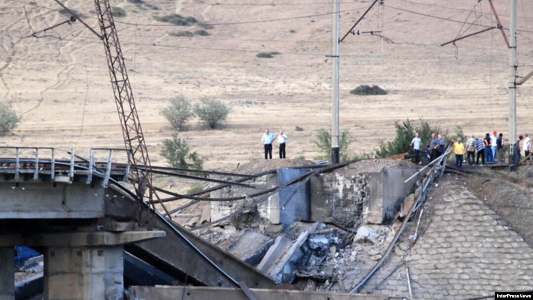 A Georgian bridge destroyed by Russian forces
