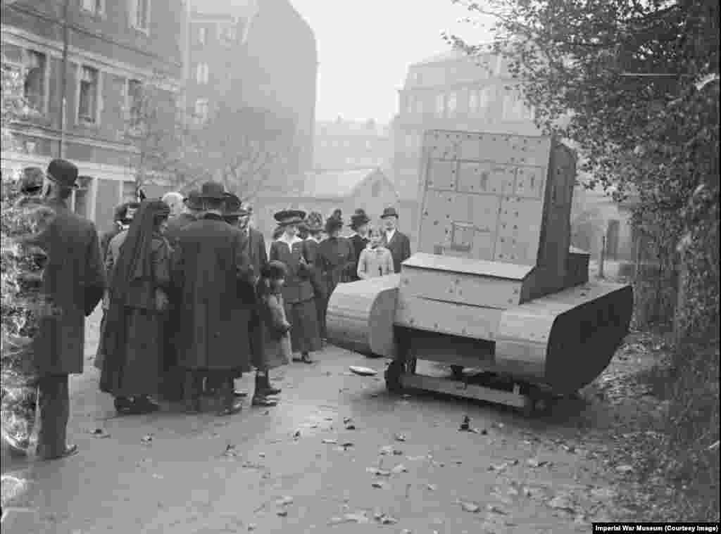 In World War I, the arrival of tanks on the battlefield was followed shortly afterward by crude wooden dummies like this German-made decoy, apparently attempting to replicate the chilling effect a tank would have on advancing troops.