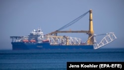 The Russian pipe-laying vessel Akademik Cherskiy at anchor in northern Germany on May 10.