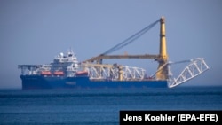 The Russian pipe-laying vessel Akademik Cherskiy is seen at anchor in Binz, northern Germany, on May 10.