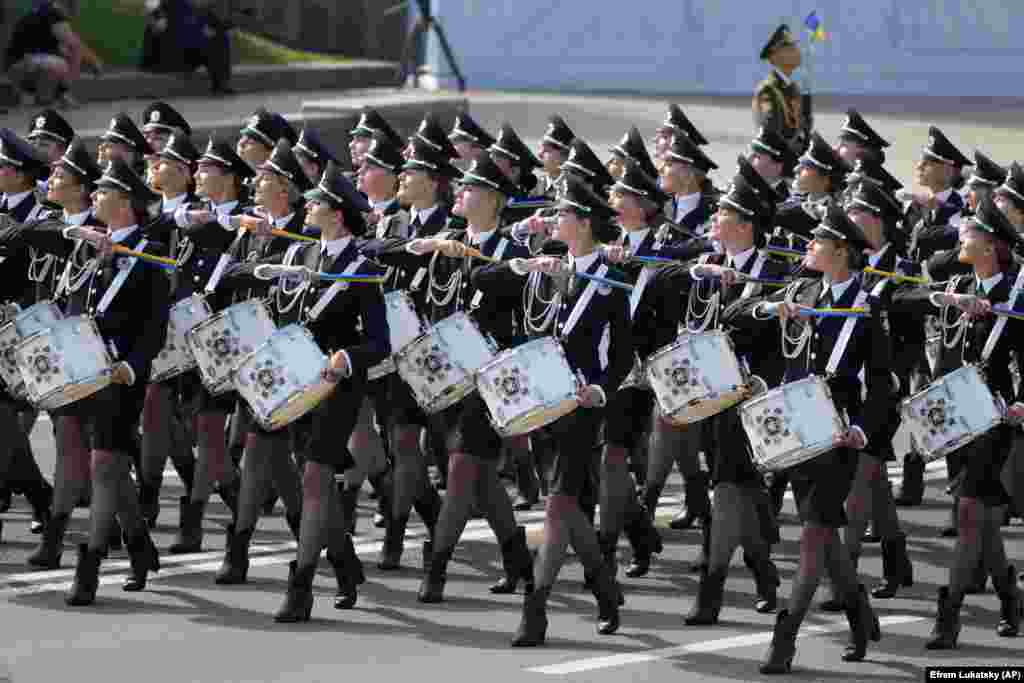 Ukrainian military drummers march along Khreshchatyk Street.