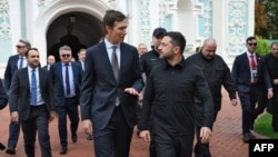 Ukrainian President Volodymyr Zelenskyy and US envoy Jared Kushner visit St. Sofia Cathedral in Kyiv on September 6.