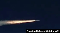 RUSSIA -- A Russian Kinzhal hypersonic missile flies during a test in southern Russia, March 11, 2018