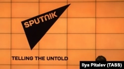 The logo of Russian state-run news site Sputnik in Moscow. (file photo)
