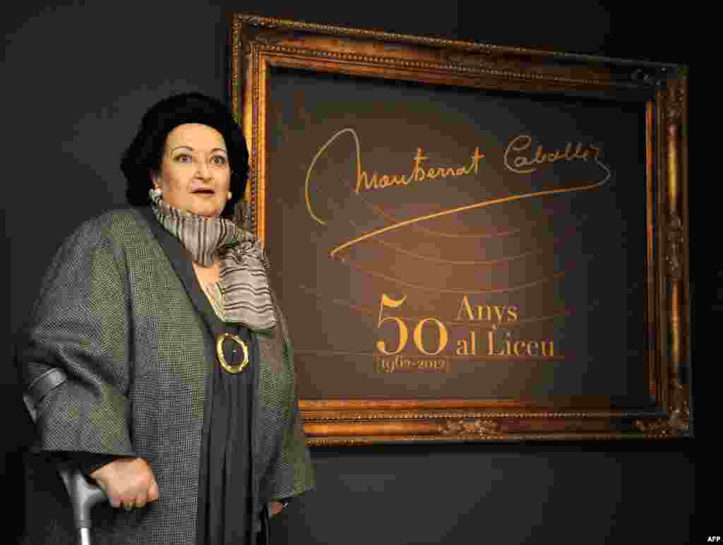 Spanish soprano Montserrat Caballe poses during the opening of an exhibition commemorating the 50th anniversary of her debut at the GranTeatre del Liceu in Barcelona, Spain, on January 3, 2012.