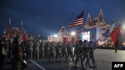 U.S. soldiers march during a parade rehearsal on Red Square.