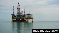 A Russian oil platform in the Korchagin oil field in the Caspian Sea 