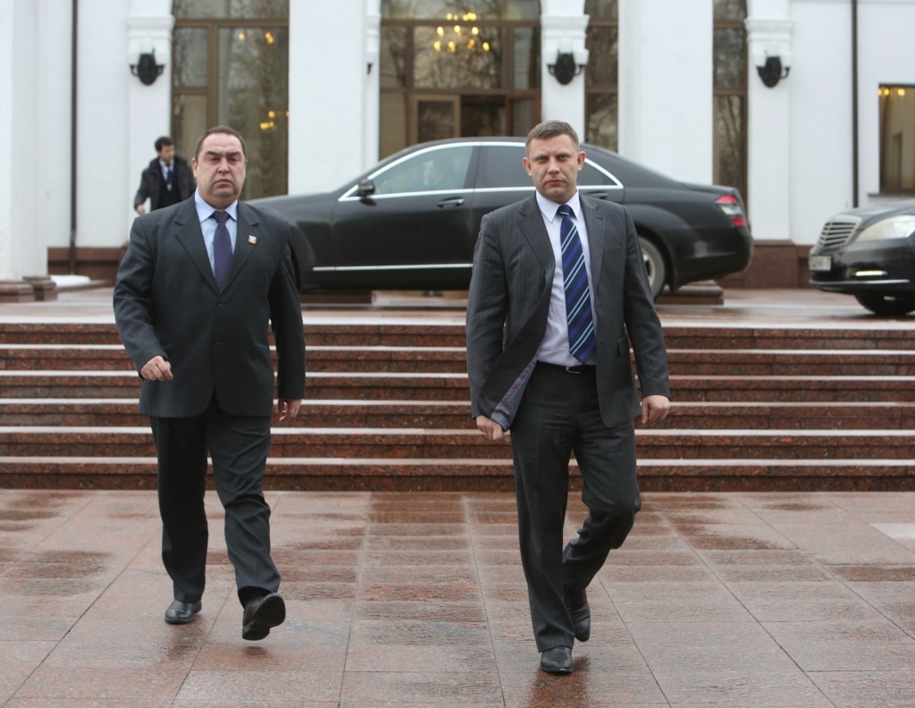 The leaders of the Russia-backed so-called 'Luhansk and Donetsk People's Republics,' Igor Plotnitsky (left) and Alexander Zakharchenko leaving Ukraine peace talks at the Palace of Independence in Minsk, Belarus. Oksana Manchuk/BelTA/TASS, February 12, 2015