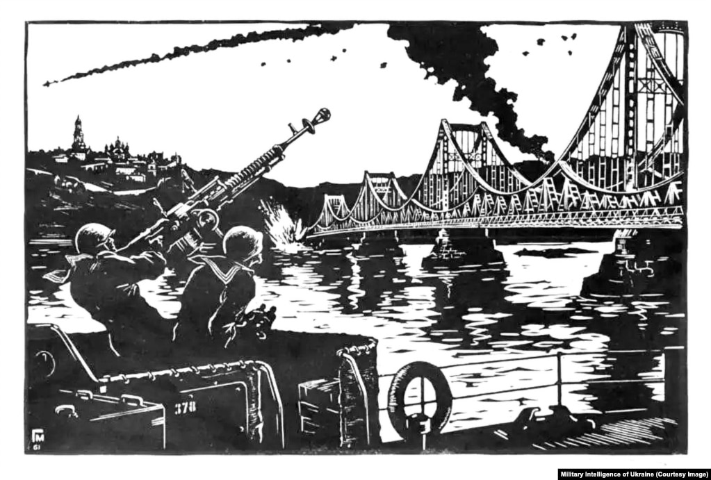 “Nuk do ta lejojmë”, pikturë e vitit 1961 nga Georgy Malakov, e cila shpërfaq betejën për Kievin gjatë Luftës së Dytë Botërore. Gravura është një nga qindra veprat e artit që janë publikuar nga inteligjenca ushtarake e Ukrainës më 11 nëntor. Lista është publikuar në përvjetorin e tretë të rikthimit të Hersonit, më 2022.