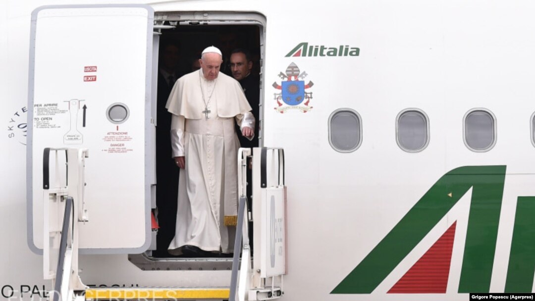 Pope Francis arrives at the Henri Coanda International Airport in Bucharest on May 31. 