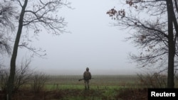 Військовослужбовець 93-ї окремої механізованої бригади ЗСУ «Холодний Яр» спостерігає за небом на наявність там російських дронів, поблизу Костянтинівки в Донецькій області, 27 листопада 2025 року