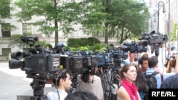 TV cameras outside the New York courtroom where some of alleged Russian spies had a hearing on July 2.