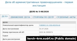 Информация о рассмотрении в подконтрольном РФ Керченском городском суде админпротокола за съемку российского бензовоза на трассе, июль 2026 года