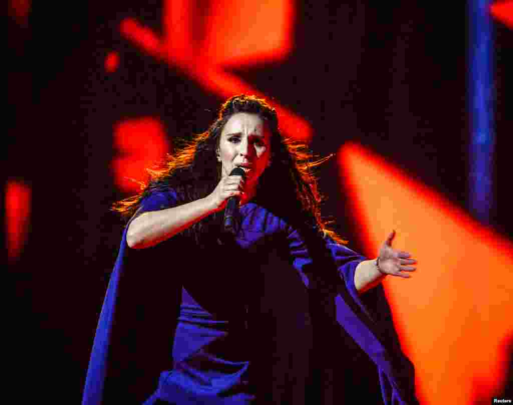 Ukraine's Jamala, a Crimean Tatar, performs her winning song 1944 during the Eurovision Song Contest final in Stockholm. The heart-rending song recalls how Soviet dictator Josef Stalin ordered the mass deportation of her entire nation to Central Asia in 1944. (ITT News Agency/Maja Suslin/via Reuters)