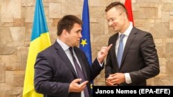 Ukraynanın xarici işlər naziri Pavlo Klimkin (solda) macarıstanlı həmkarı Peter Szijjarto ilə Transkarpatiyada görüşür, 22 iyun, 2018-ci il 