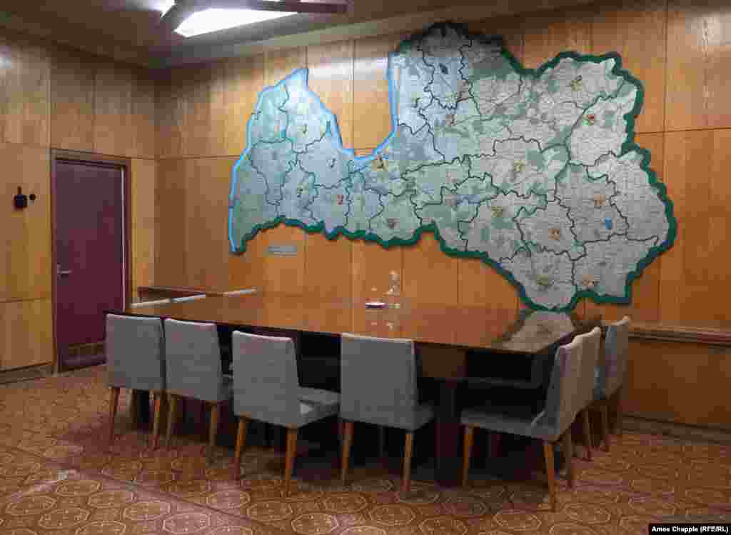 A meeting room inside the bunker, adorned with a map of the Latvian S.S.R.