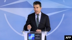 Belgium -- NATO Secretary-General Anders Fogh Rasmussen talks during a press conference prior to a Foreign Affairs ministers meeting at the NATO headquarters in Brussels, April 1, 2014