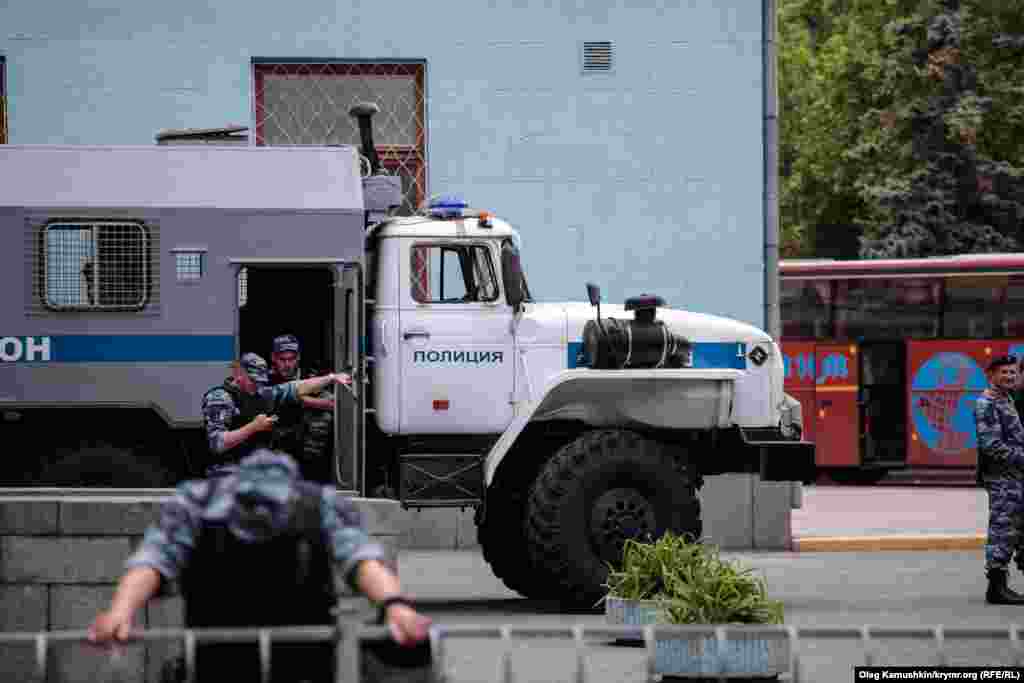 Russian riot police conducting exercises in the center of Simferopol annexed