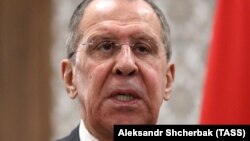KYRGYZSTAN -- Russia's Foreign Minister Sergei Lavrov attends a press conference following a meeting with his Kyrgyz counterpart in BIshkek, February 4, 2019