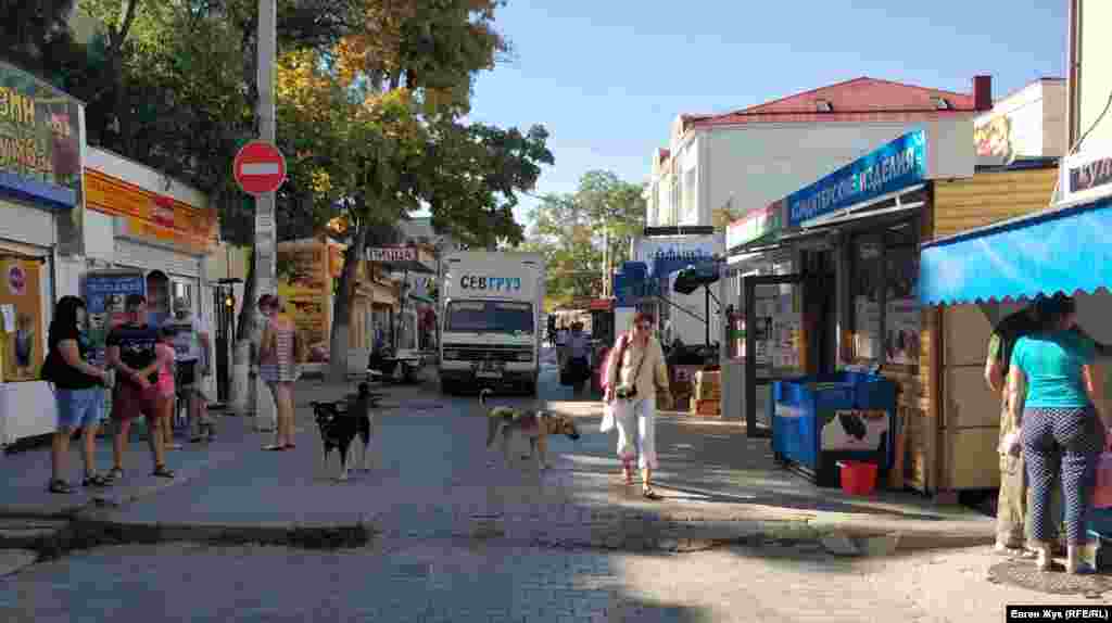 После пересечения с улицей Перекопской улица Матвея Макарова становится пешеходной зоной &ndash; здесь разместился небольшой рынок