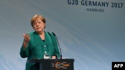 German Chancellor Angela Merkel speaks during the final press conference on the second day of the G20 summit in Hamburg on July 8.