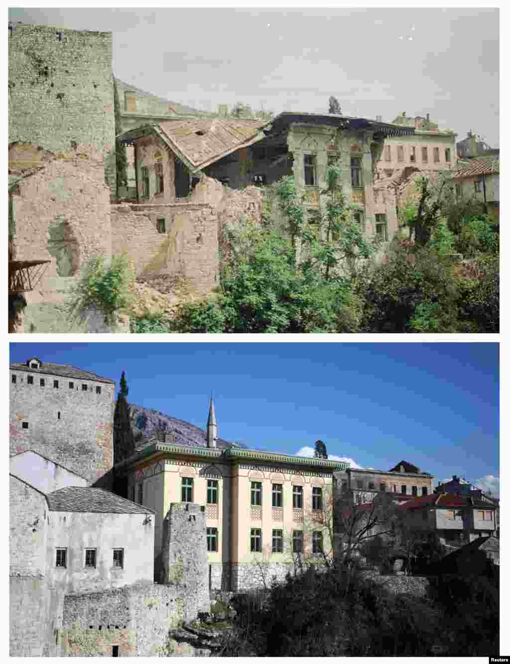 Damaged buildings in June 1993, and the same location in 2013