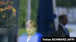GERMANY -- German Chancellor Angela Merkel waits for the arrival of North Macedonia's Prime Minister for talks at the Chancellery in Berlin on June 13, 2019.