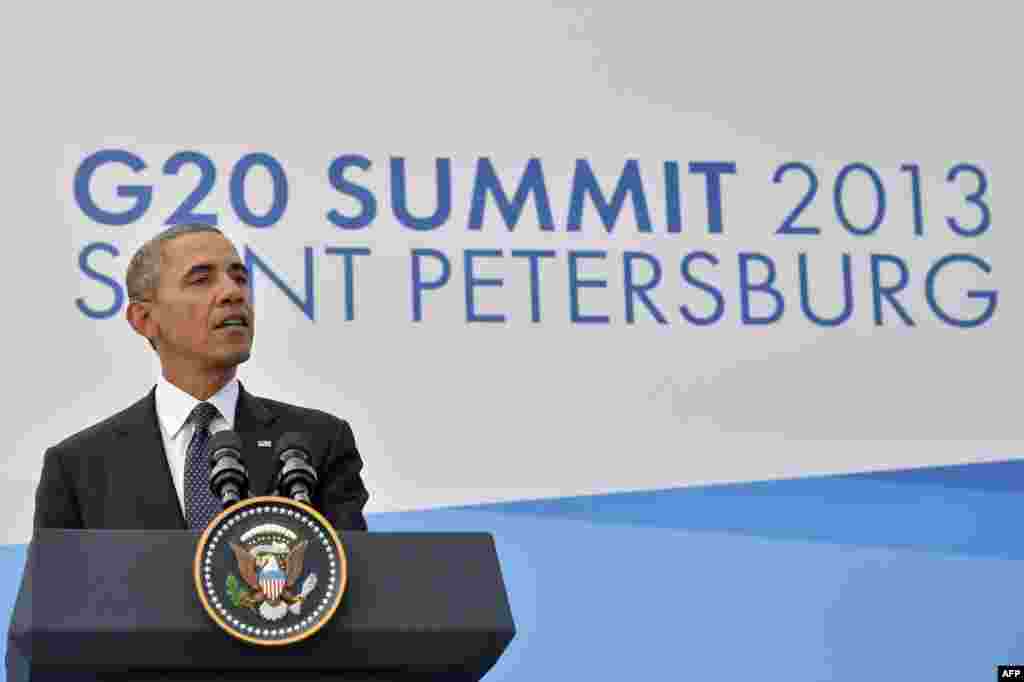 Barack Obama, președintele Statelor Unite vorbind la o conferință de presă la St. Petersburg, 6 septembrie 2013