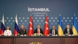 The Russian and Ukrainian delegations are seen at a meeting with members of the Turkish delegation at a second round of peace talks is Istanbul on June 2, 2025.