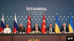 The Russian and Ukrainian delegations are seen at a meeting with members of the Turkish delegation at a second round of peace talks is Istanbul on June 2, 2025.