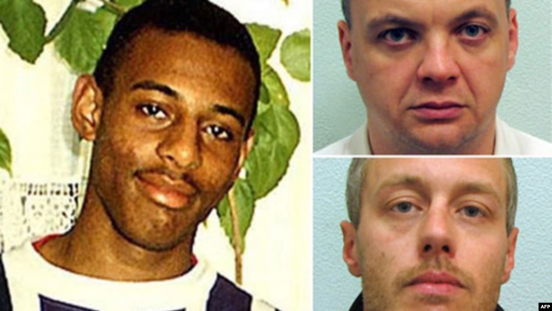 A combo photo shows Gary Dobson (top right) and David Norris, the two men accused of murdering teenager Stephen Lawrence (left) in 1993.