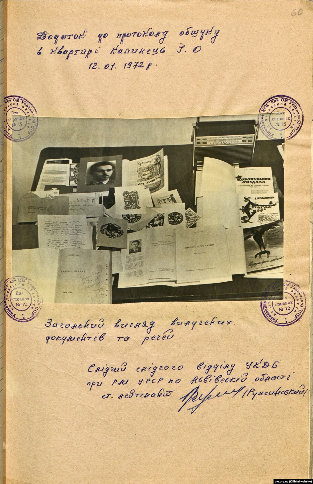 Додаток до протоколу обшуку в квартирі Ірини Калинець від 12 січня 1972 року