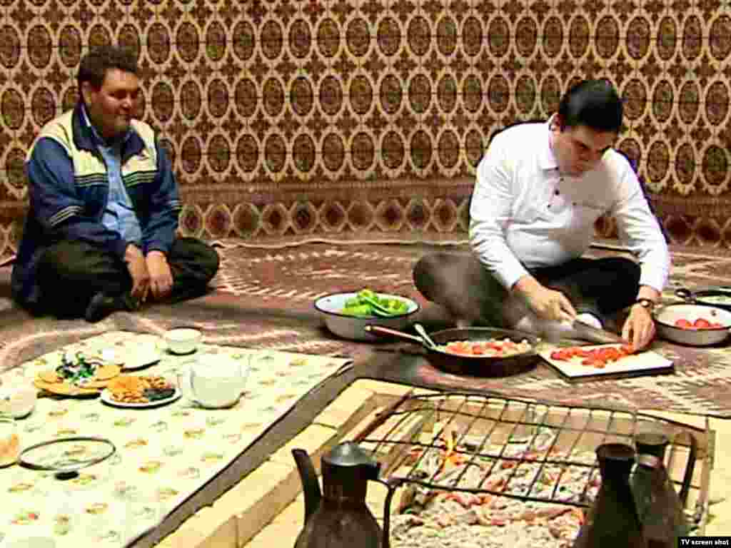 White is a highly respected color in traditionally nomadic countries like Turkmenistan, where the color is associated with milk, a key staple of the nomadic diet. Here, Berdymukhammedov, in the white shirt, visits a shepherd&#39;s yurt in Ruhabat.