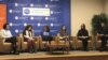 (l-r) 2018-2019 Vaclav Havel Journalism Fellows Gulnar Salimova, Hermine Virabyan, Victoria Colesnic, Karina Merkuryeva, and Tornike Mandaria, with discussion moderator Miriam Lanskoy (2nd from left), at the National Endowment for Democracy in Washington, DC.