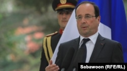 French President Francois Hollande delivers a speech during a visit to Kabul on May 25.
