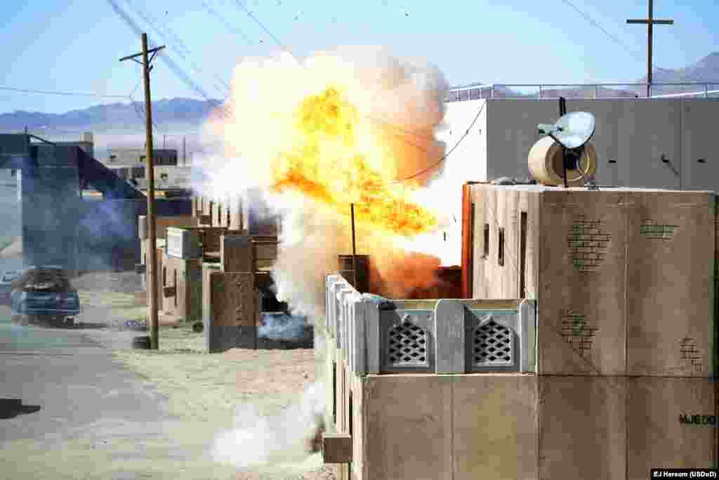 An explosive is detonated as part of an urban warfare training exercise. 