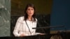 U.S. Ambassador to the United Nations Nikki Haley speaks to the General Assembly before a vote, in the General Assembly in New York, June 13,