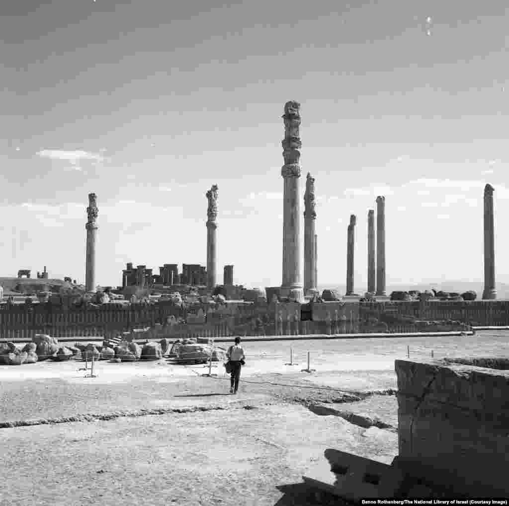 A photo taken by Israeli photographer Benno Rothenberg of a colleague approaching the ruins of Persepolis, the ancient capital of the Persian Empire, in 1968.