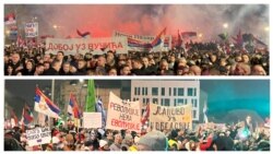 Jedan praznik, dva skupa: Na gornjoj fotografiji miting na koji je pozvao predsednik Srbije u Sremskoj Mitrovici, na donjoj skup studenata i građana, 15. februar 2025.