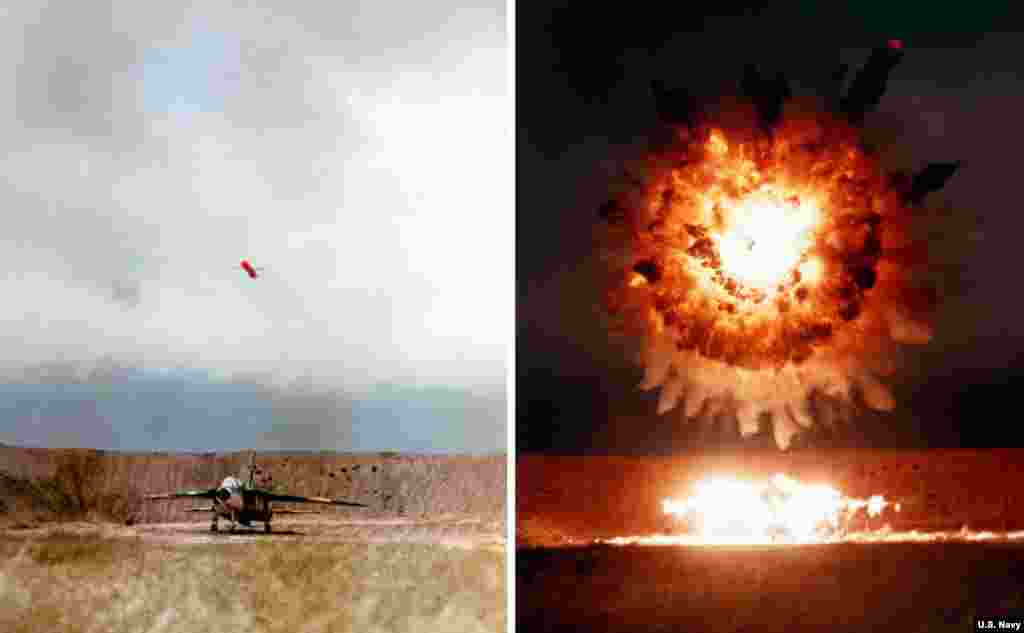 Combination photos show a Tomahawk detonating above a jet during testing in 1986.The 5.5-meter-long missile is fitted with a warhead weighing nearly half a ton and can fly around 1,600 kilometers.
