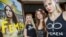 Активистки Femen (слева направо) Александра Шевченко, Оксана Шачко и Яна Жданова на одном из фестивалей во Франции. Апрель 2014 года
