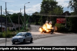 An FPV drone strikes a vehicle in Kramatorsk on July 15.