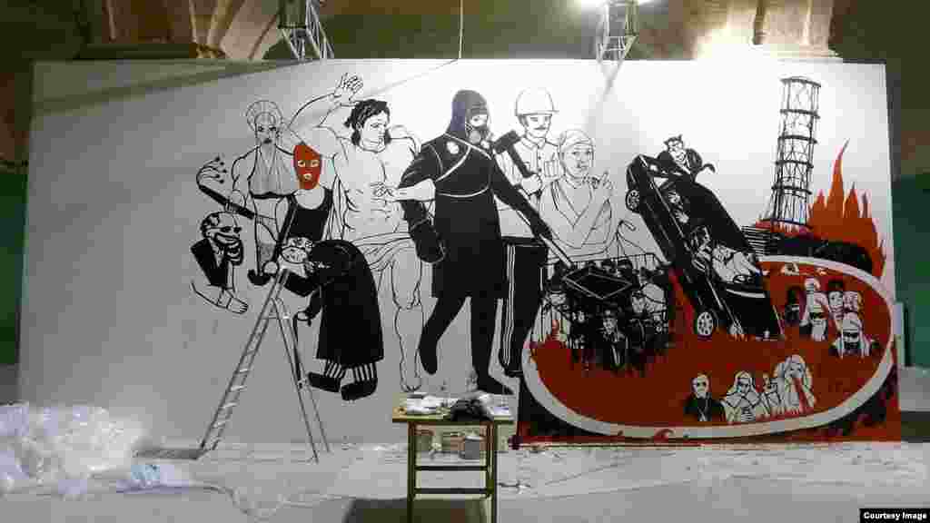 Картина Констанина Алтунина &quot;Травести&quot; в петербургском Музее Власти. Выставка была закрыта 27 августа по распоряжкению властей, три картины конфисковала полиция, а художник бежал во Францию и попросил политическое убежище