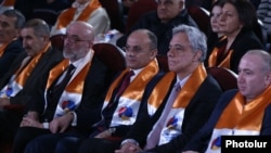 Armenia - Former Defense Minister Seyran Ohanian (C) and former Foreign Minister Vartan Oskanian (second from right) launch their election campaign in Yerevan, 5Mar2017.