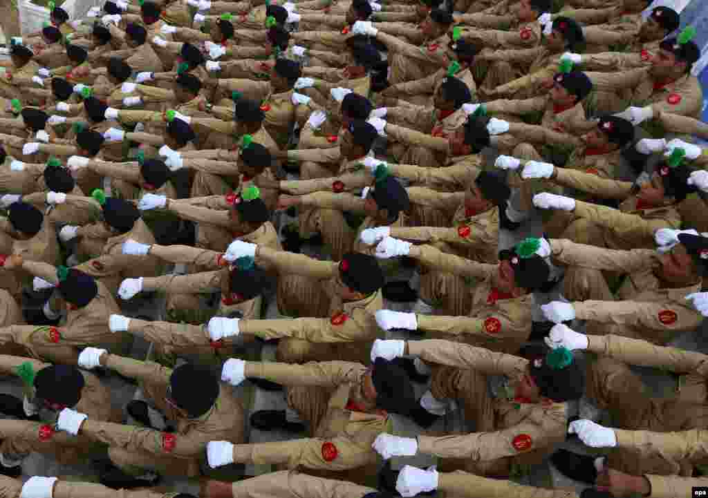 Pakistani troops march during a ceremony marking Pakistan's Independence Day at the mausoleum of the country's founding father, Muhammad Ali Jinnah, in Karachi on August 14. Pakistan celebrated its 68th independence anniversary from British rule in 1947. (epa/Rehan Khan)