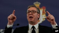 Predsednik Srbije Aleksandar Vučić tokom javnog obraćanja u Beogradu, Srbija, 24. decembar 2023.