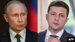 A combo photo shows Russian President Vladimir Putin (left) and Ukrainian President Volodymyr Zelenskiy