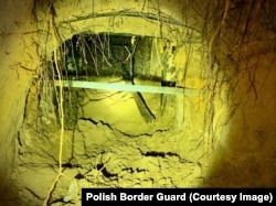A tunnel used by migrants to enter Poland from Belarus that was discovered near Narewka, Poland in December 2025.