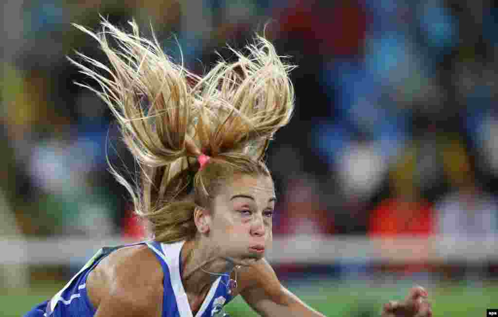Sofia Yfantidou of Greece competes in the javelin-throw portion of the heptathlon event.