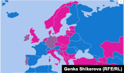 Карта на предприетите мерки по отношение на училищата. В синьо са оцветени държавите с напълно отворени училища; в розово - държавите с частнично отворени и в лилаво - държавите с изцяло затворени училища. Източник: UNESCO